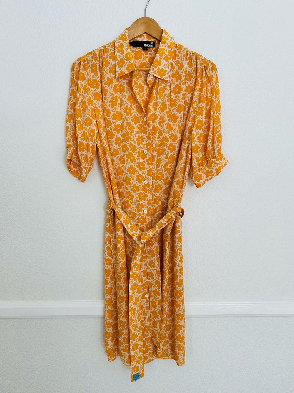 Love Moschino Yellow Floral Shirt Dress with Tie Waist - Size 8